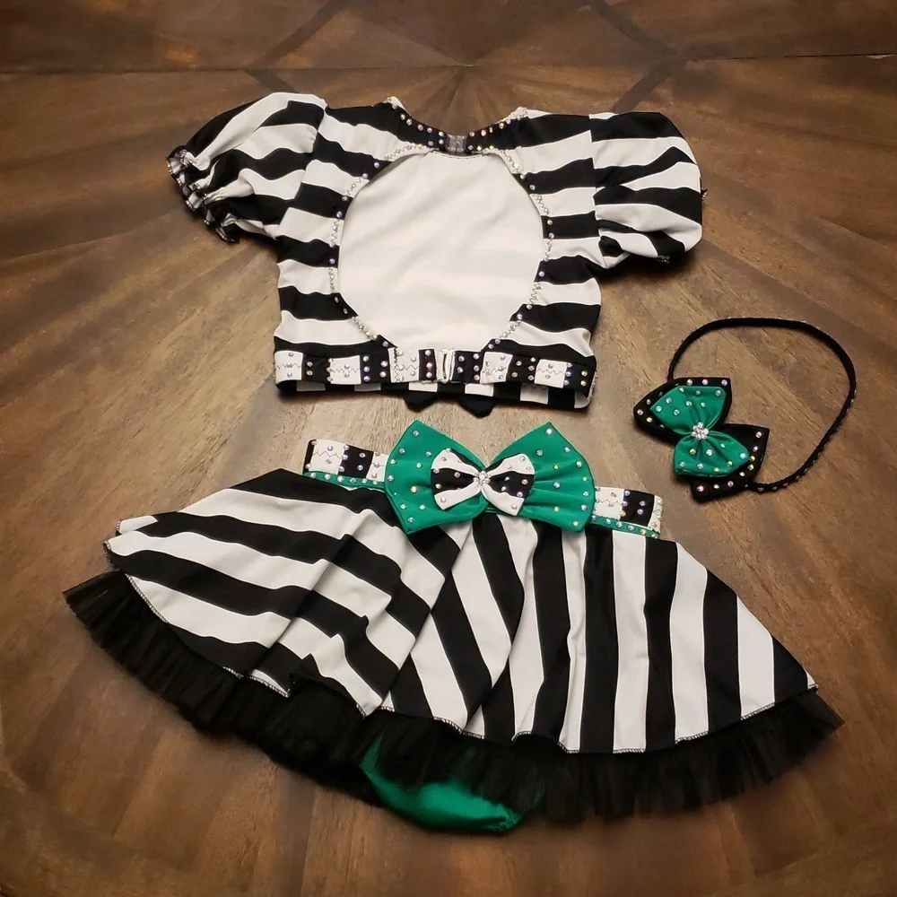 Striped Black and White Kids Dance  Costume Rhinestones Beetlejuice Waistress